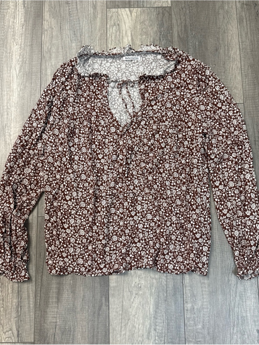 Reformation Brown and White Floral Tie-Neck Long-Sleeve Blouse